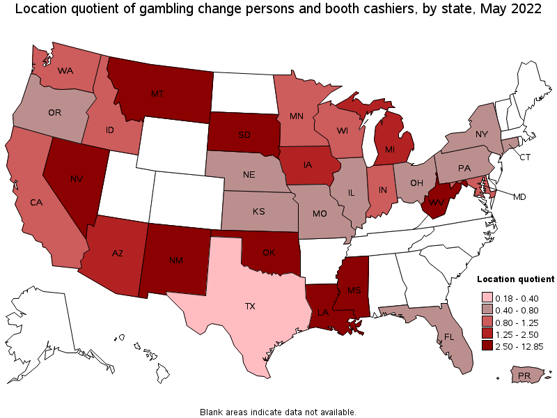 Map of location quotient of gambling change persons and booth cashiers by state, May 2022