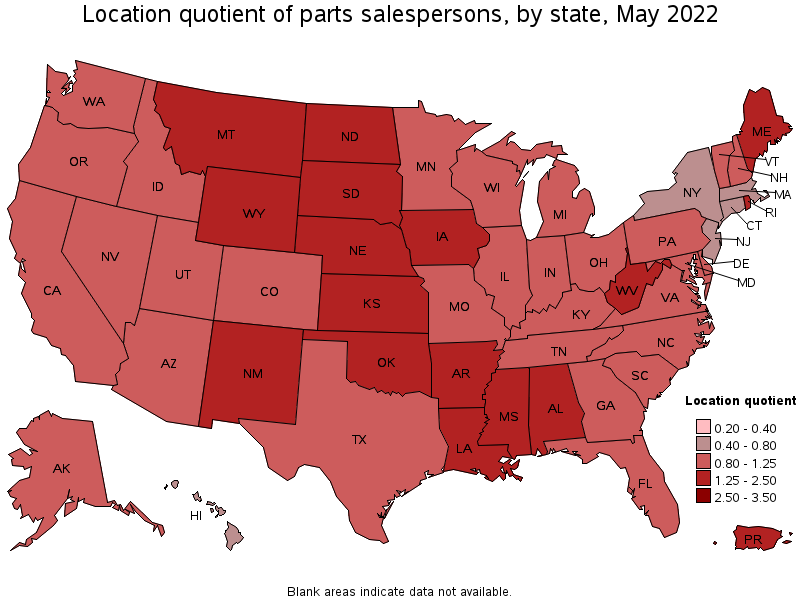 Map of location quotient of parts salespersons by state, May 2022