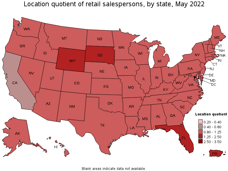 Map of location quotient of retail salespersons by state, May 2022