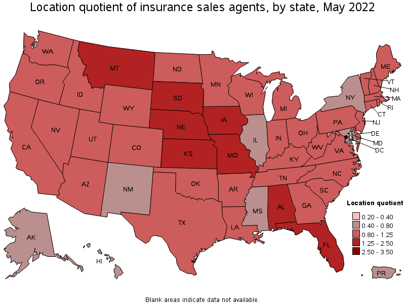 Map of location quotient of insurance sales agents by state, May 2022