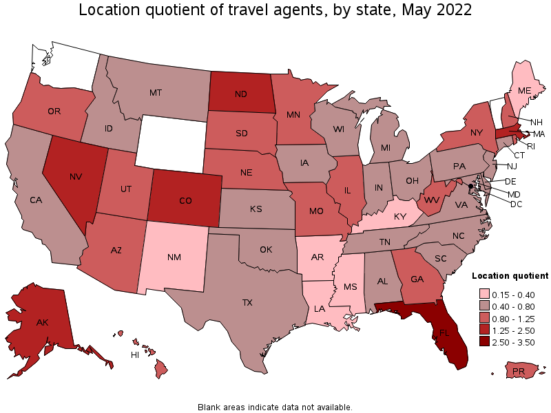Map of location quotient of travel agents by state, May 2022
