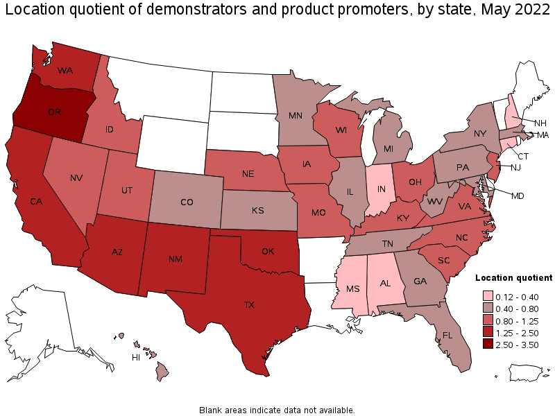 Map of location quotient of demonstrators and product promoters by state, May 2022