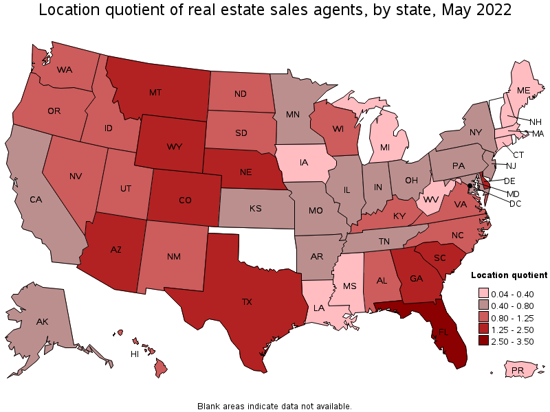 Map of location quotient of real estate sales agents by state, May 2022