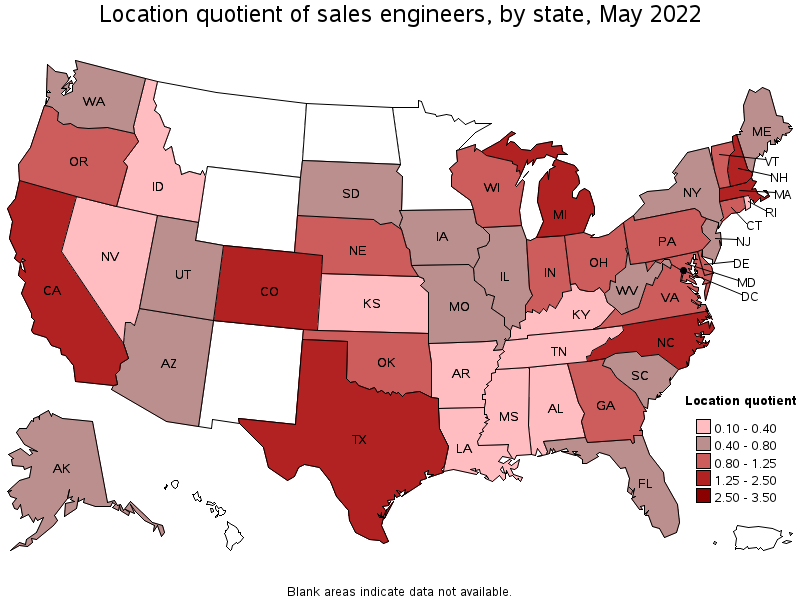 Map of location quotient of sales engineers by state, May 2022