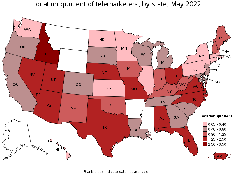 Map of location quotient of telemarketers by state, May 2022