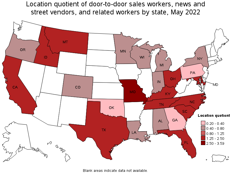 Map of location quotient of door-to-door sales workers, news and street vendors, and related workers by state, May 2022