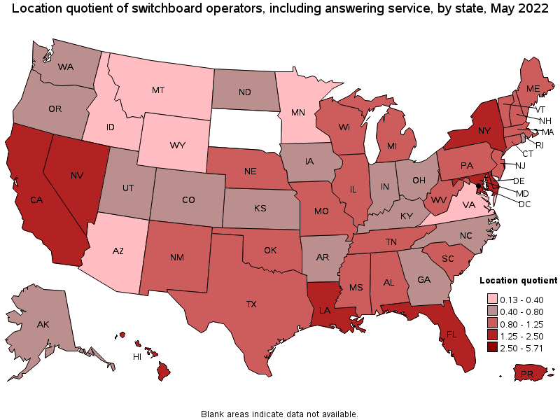 Map of location quotient of switchboard operators, including answering service by state, May 2022