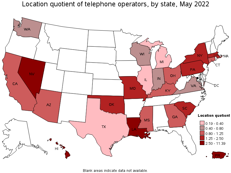 Map of location quotient of telephone operators by state, May 2022