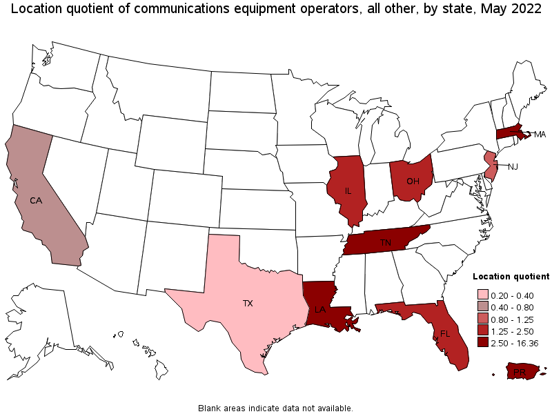 Map of location quotient of communications equipment operators, all other by state, May 2022