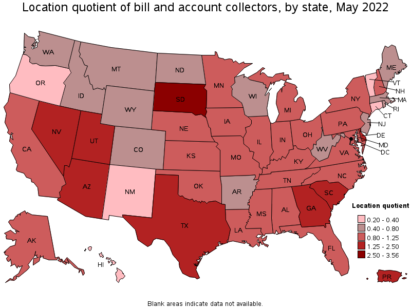 Map of location quotient of bill and account collectors by state, May 2022