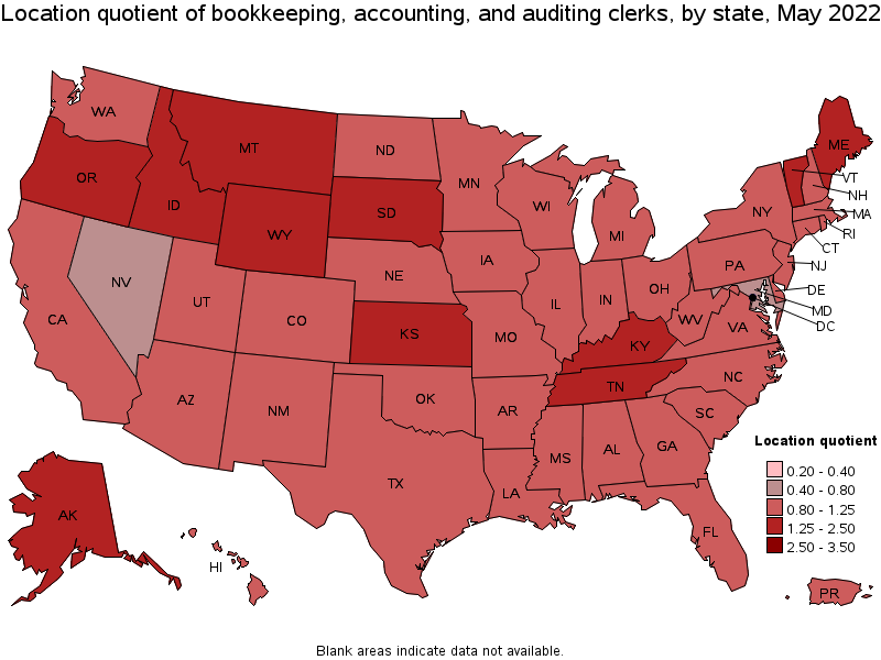 Map of location quotient of bookkeeping, accounting, and auditing clerks by state, May 2022