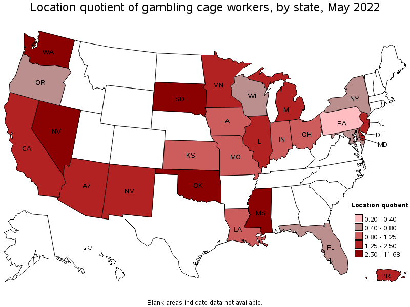 Map of location quotient of gambling cage workers by state, May 2022