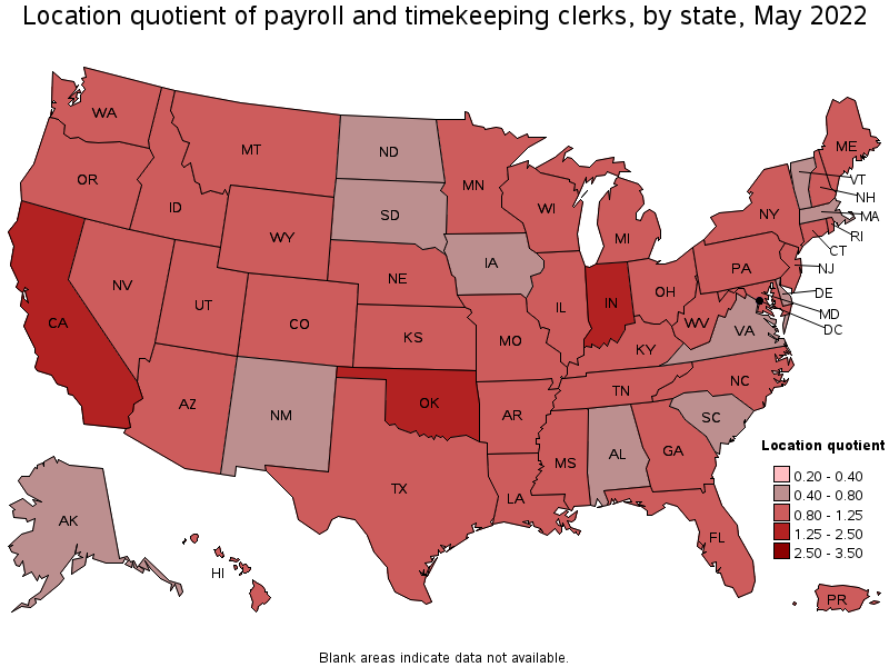 Map of location quotient of payroll and timekeeping clerks by state, May 2022