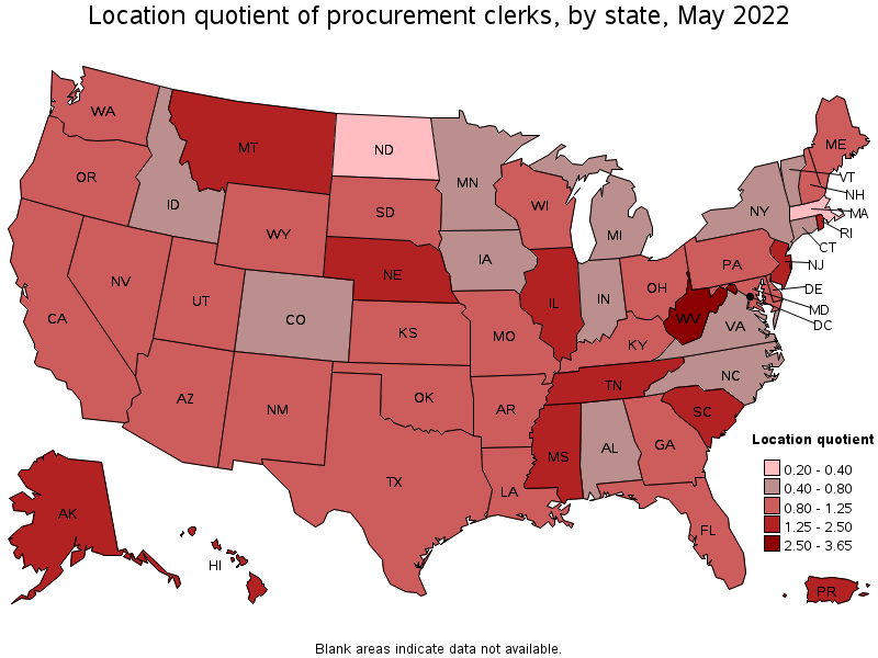 Map of location quotient of procurement clerks by state, May 2022