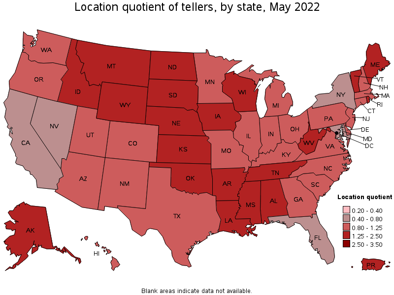 Map of location quotient of tellers by state, May 2022