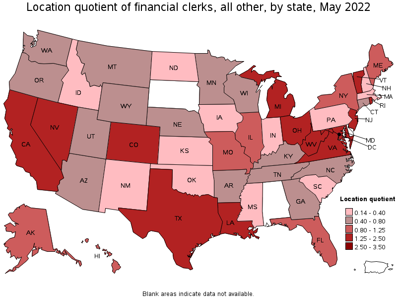 Map of location quotient of financial clerks, all other by state, May 2022