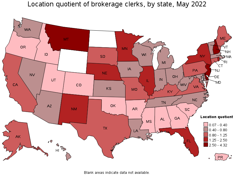 Map of location quotient of brokerage clerks by state, May 2022