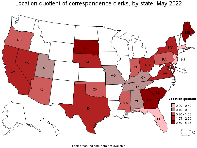 Map of location quotient of correspondence clerks by state, May 2022