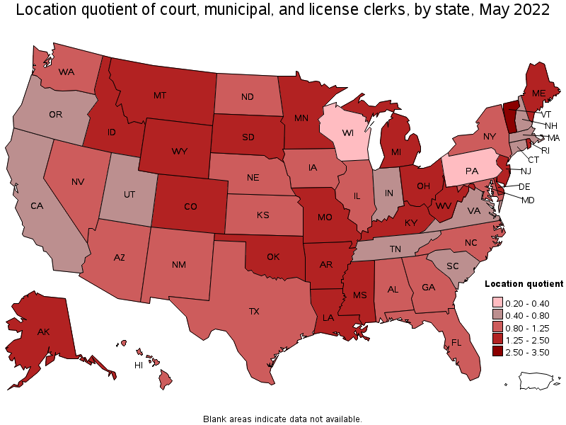 Map of location quotient of court, municipal, and license clerks by state, May 2022