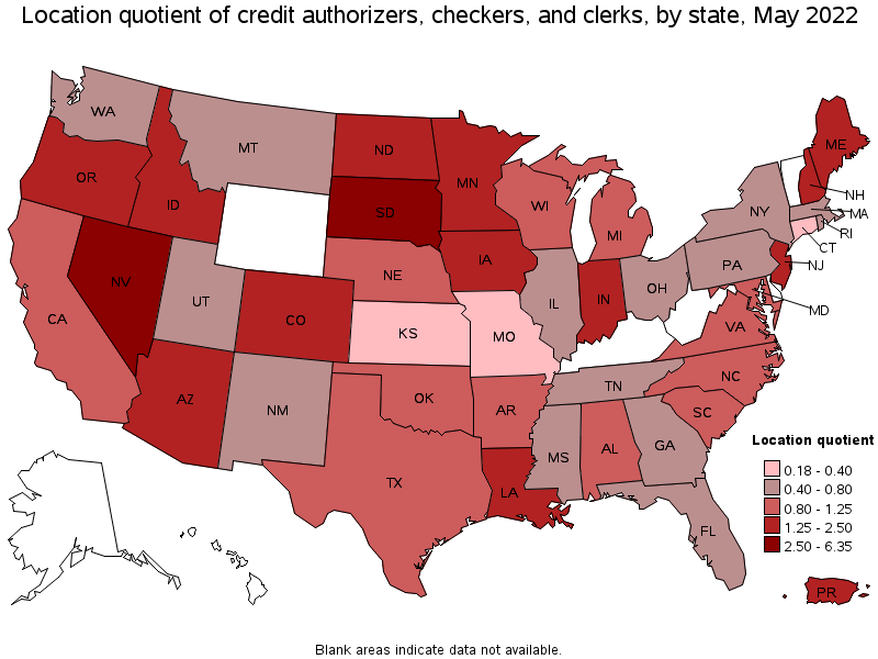 Map of location quotient of credit authorizers, checkers, and clerks by state, May 2022