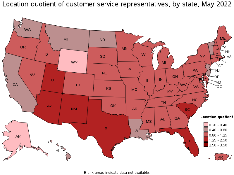 Map of location quotient of customer service representatives by state, May 2022