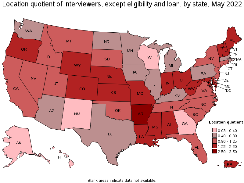 Map of location quotient of interviewers, except eligibility and loan by state, May 2022