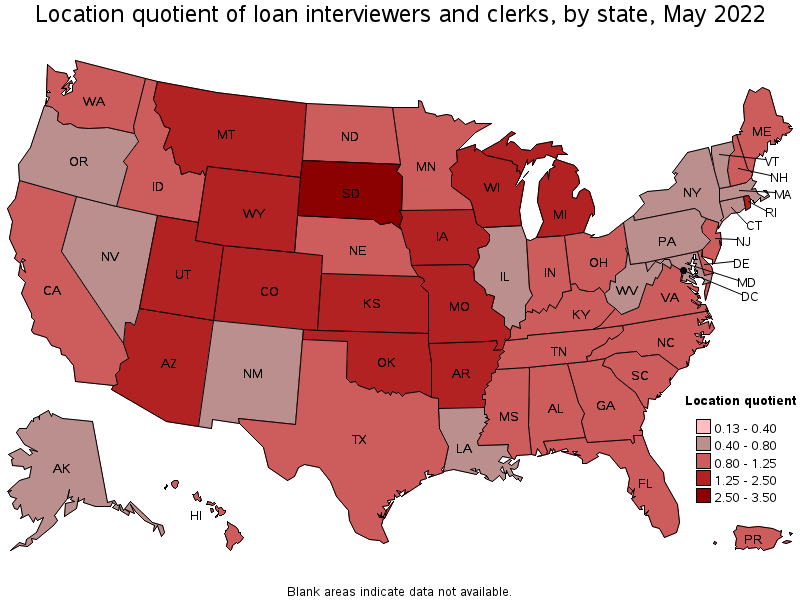 Map of location quotient of loan interviewers and clerks by state, May 2022