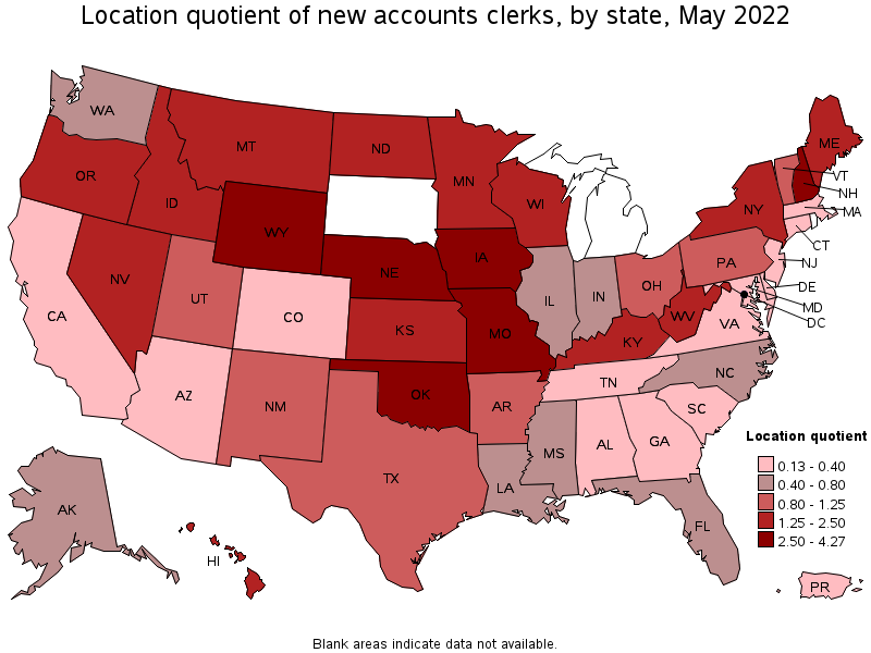Map of location quotient of new accounts clerks by state, May 2022