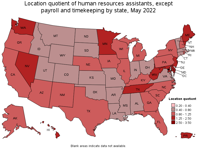 Map of location quotient of human resources assistants, except payroll and timekeeping by state, May 2022