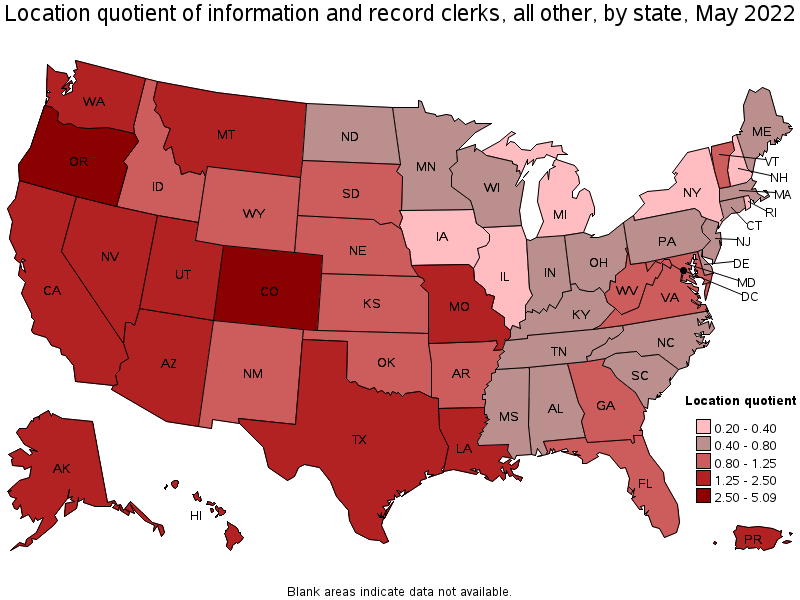 Map of location quotient of information and record clerks, all other by state, May 2022