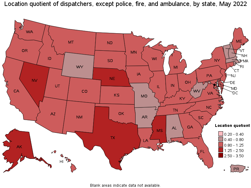 Map of location quotient of dispatchers, except police, fire, and ambulance by state, May 2022