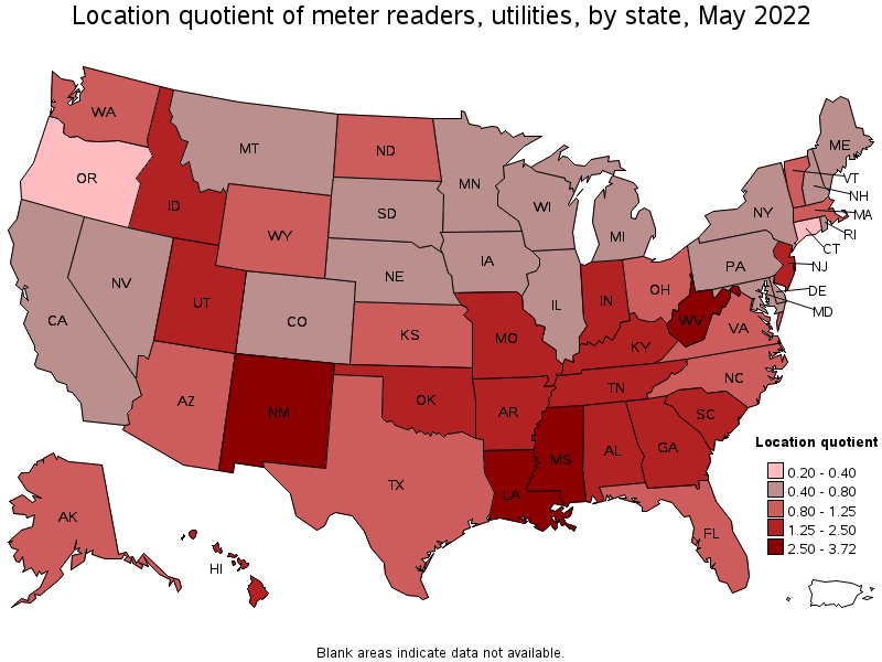Map of location quotient of meter readers, utilities by state, May 2022