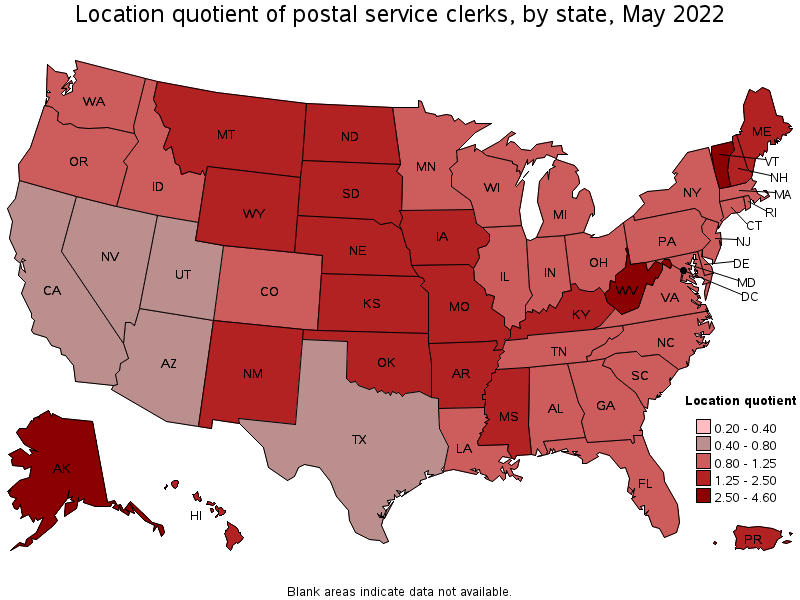 Map of location quotient of postal service clerks by state, May 2022