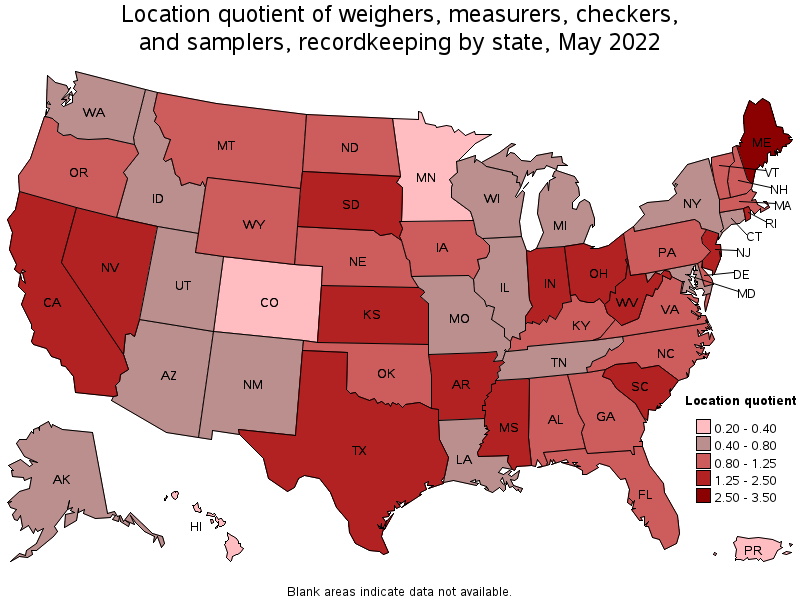 Map of location quotient of weighers, measurers, checkers, and samplers, recordkeeping by state, May 2022