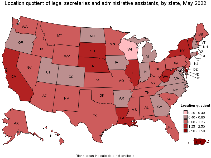 Map of location quotient of legal secretaries and administrative assistants by state, May 2022