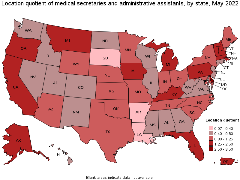 Map of location quotient of medical secretaries and administrative assistants by state, May 2022