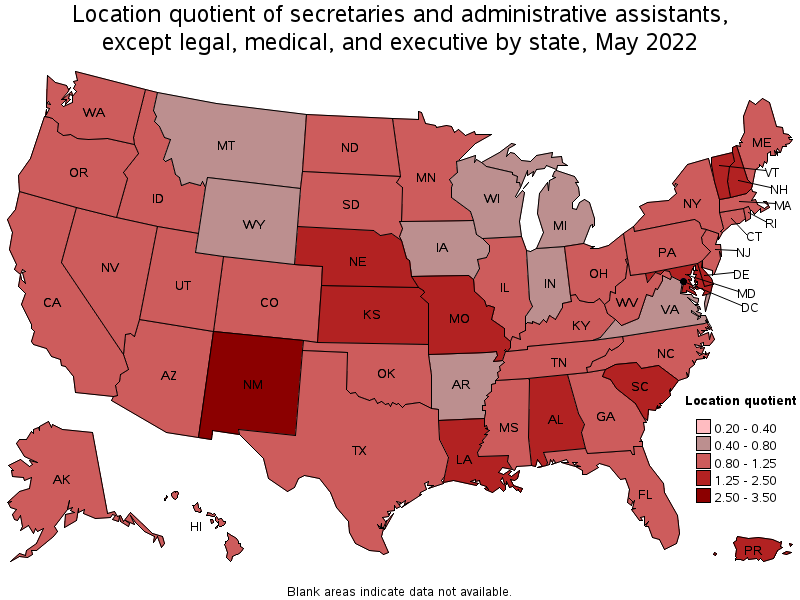 Map of location quotient of secretaries and administrative assistants, except legal, medical, and executive by state, May 2022