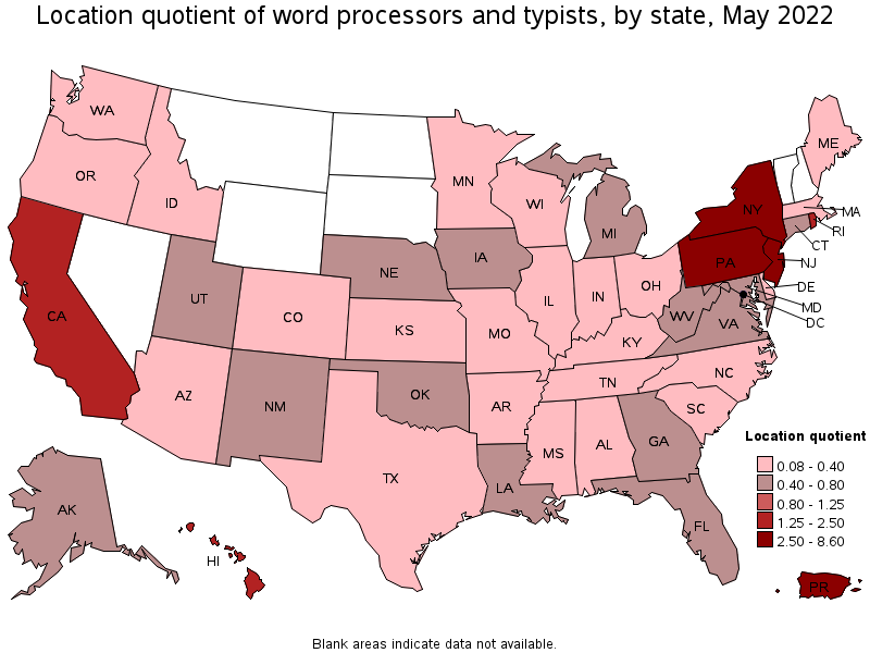 Map of location quotient of word processors and typists by state, May 2022