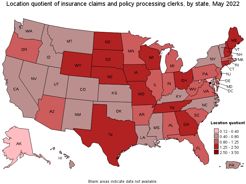 Map of location quotient of insurance claims and policy processing clerks by state, May 2022