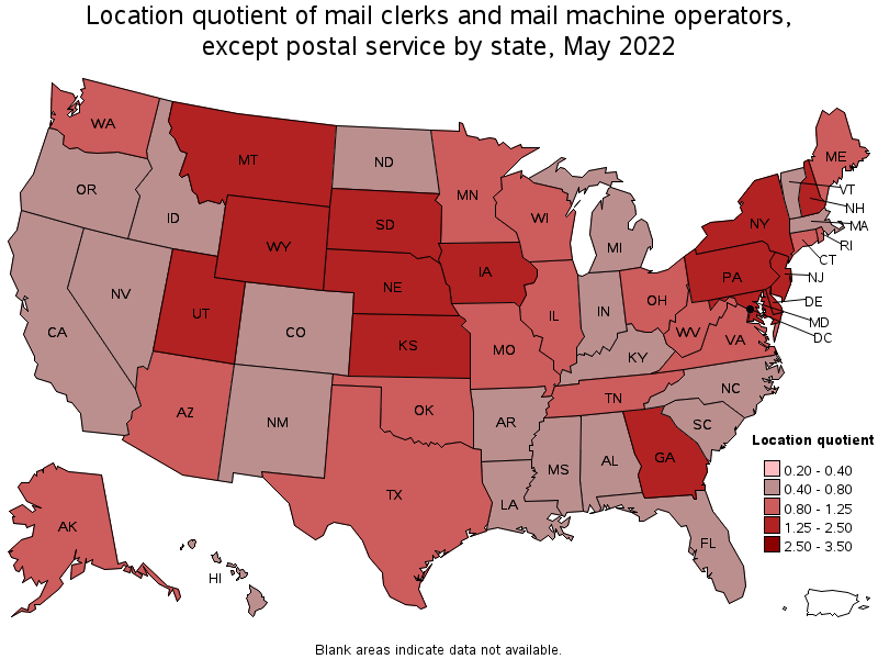 Map of location quotient of mail clerks and mail machine operators, except postal service by state, May 2022