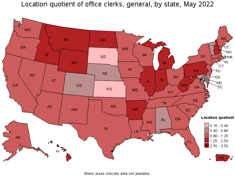 Map of location quotient of office clerks, general by state, May 2022