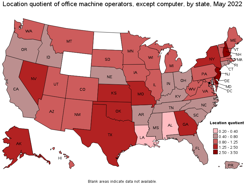 Map of location quotient of office machine operators, except computer by state, May 2022
