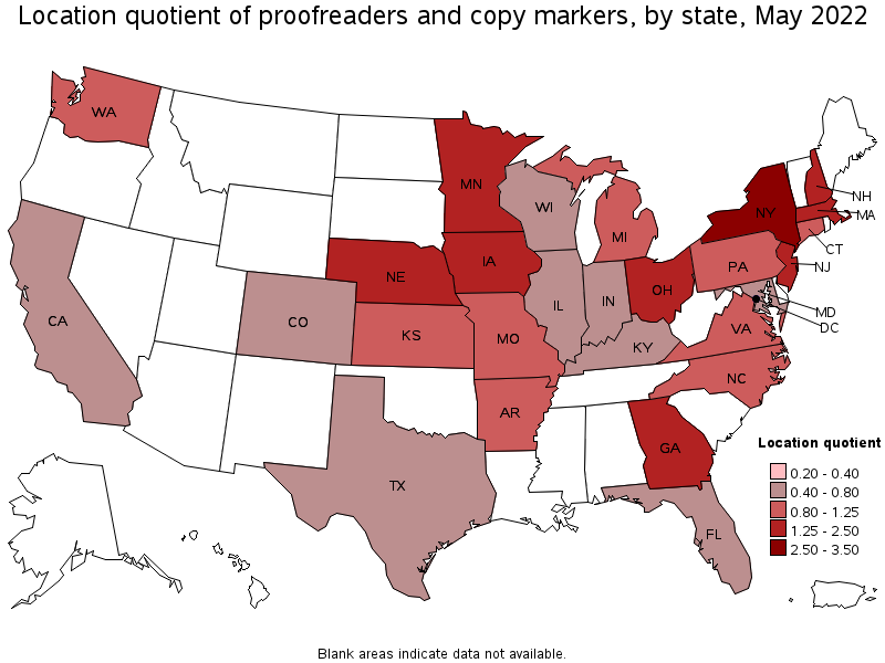 Map of location quotient of proofreaders and copy markers by state, May 2022