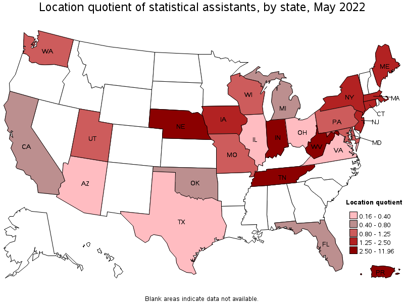 Map of location quotient of statistical assistants by state, May 2022