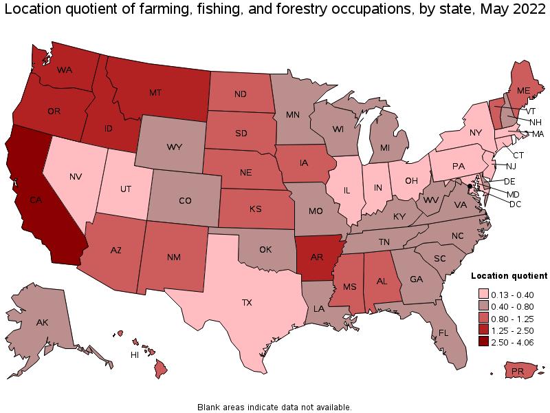 Map of location quotient of farming, fishing, and forestry occupations by state, May 2022