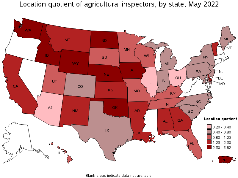Map of location quotient of agricultural inspectors by state, May 2022