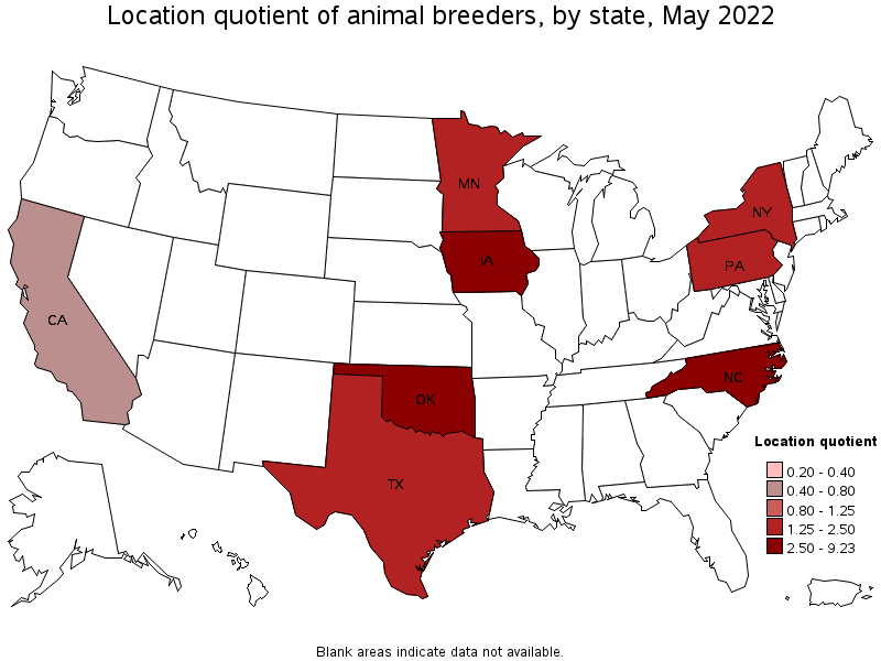 Map of location quotient of animal breeders by state, May 2022