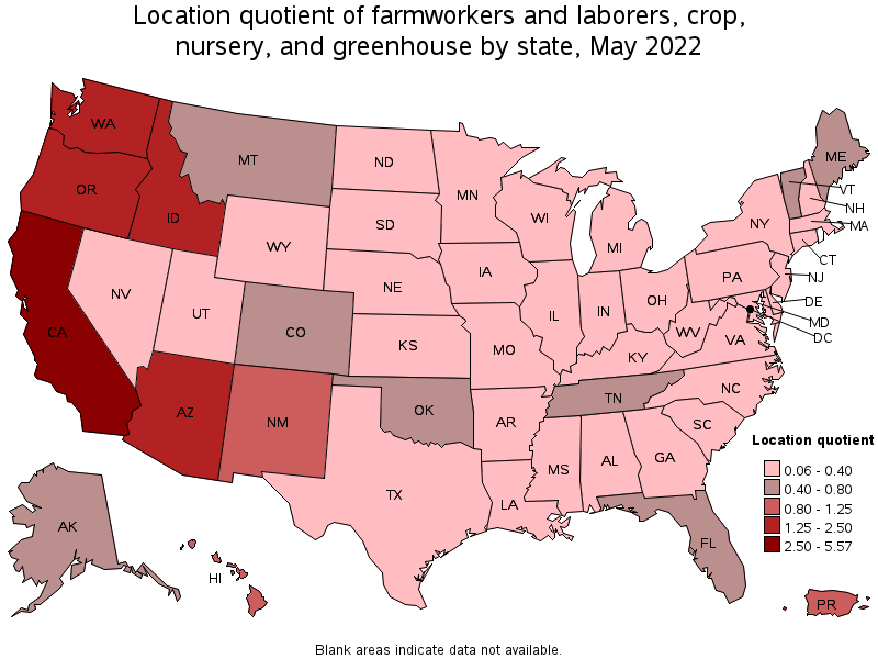 Map of location quotient of farmworkers and laborers, crop, nursery, and greenhouse by state, May 2022