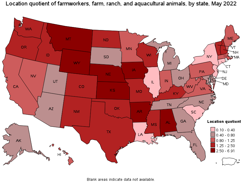 Map of location quotient of farmworkers, farm, ranch, and aquacultural animals by state, May 2022