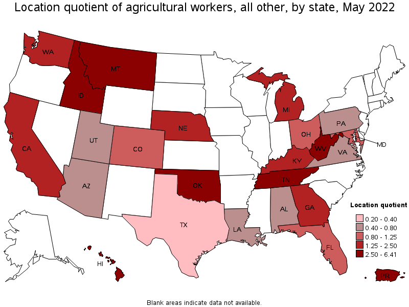 Map of location quotient of agricultural workers, all other by state, May 2022